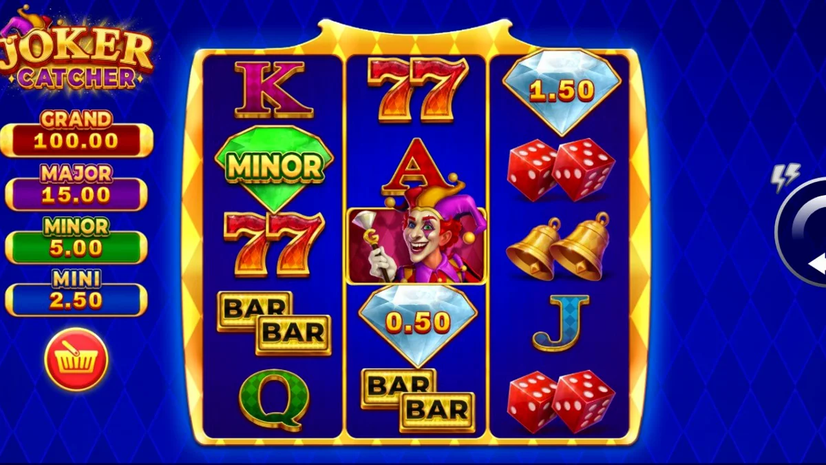 Joker Catcher slot game interface with classic symbols and central Joker